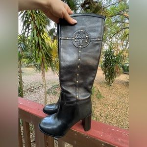 Tory Burch black leather riding boots stacked heel gold stud knee high size 8.5